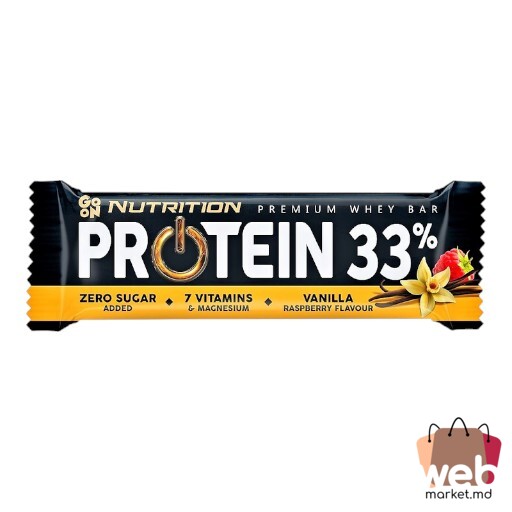 Baton proteic 33% vanilie /zmeură fără zahăr 50g GO ON